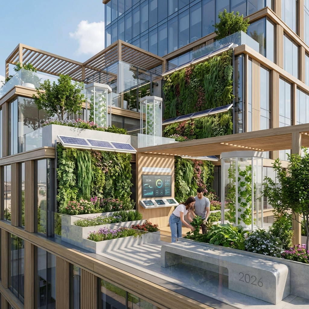 2026 yılı peyzaj tasarım trendlerini yansıtan fütüristik bir bahçe görseli. Akıllı teknolojiler ve sürdürülebilir malzemelerle tasarlanmış modern bir 