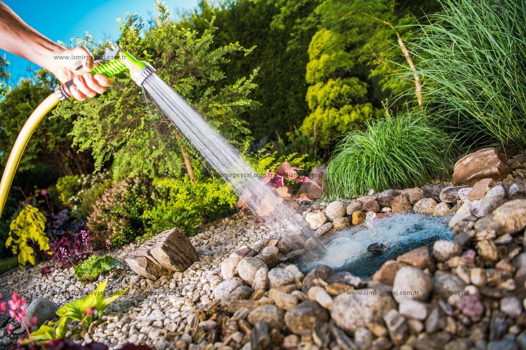 Bu fotoğrafta, bir bahçe hortumuyla bir su birikintisi sulanırken görülüyor. Bahçedeki bitki örtüsü ve taşlarla çevrili doğal bir ortam yaratılmış.