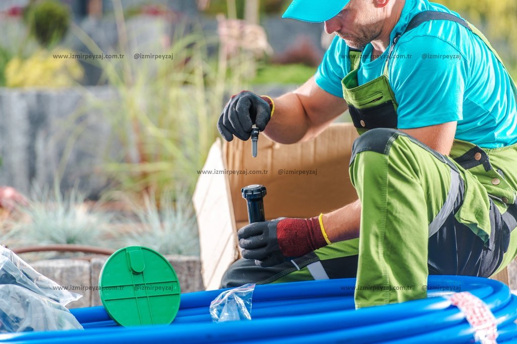 Bahçıvan, bahçe sulama sistemini kurarken sulama başlıklarını inceliyor. Mavi su boruları ve yeşil kapaklarla sulama sisteminin montajına hazırlanıyor