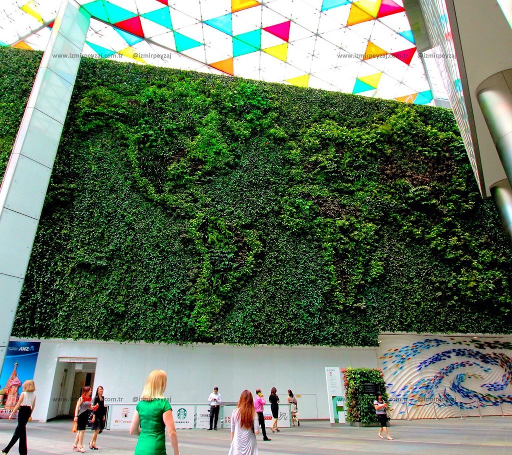 Bu fotoğrafta, modern bir binanın dış cephesinde yer alan dikey bir bahçe ve renkli cam tavan görülm Bu fotoğrafta, modern bir binanın dış cephesinde yer alan dikey bir bahçe ve renkli cam tavan görülmektedir. Yeşil bitki örtüsü ve sanatsal detaylar,