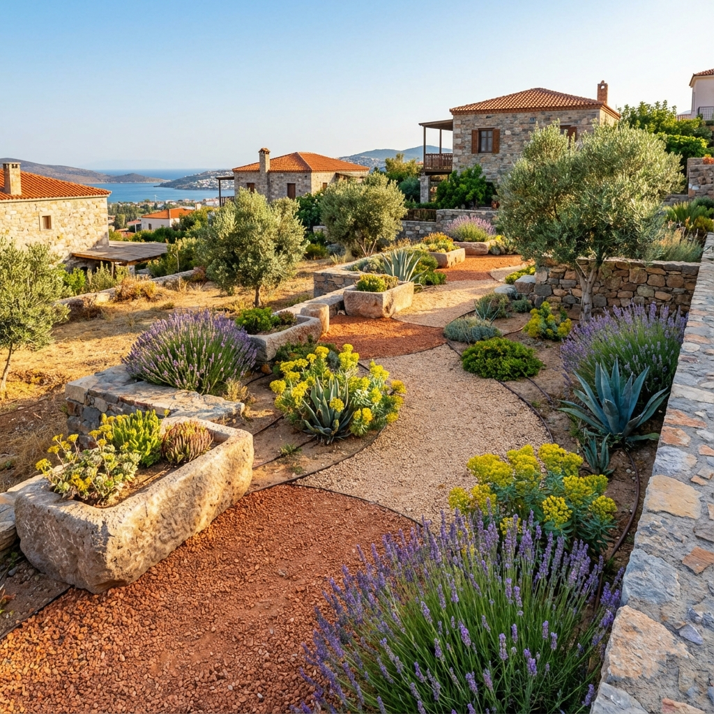 İzmir iklimine uygun, kuraklığa dayanıklı bitkilerle tasarlanmış xeriscape bahçe örneği. Zeytin ağaçları, lavantalar ve doğal taşlarla az su isteyen e