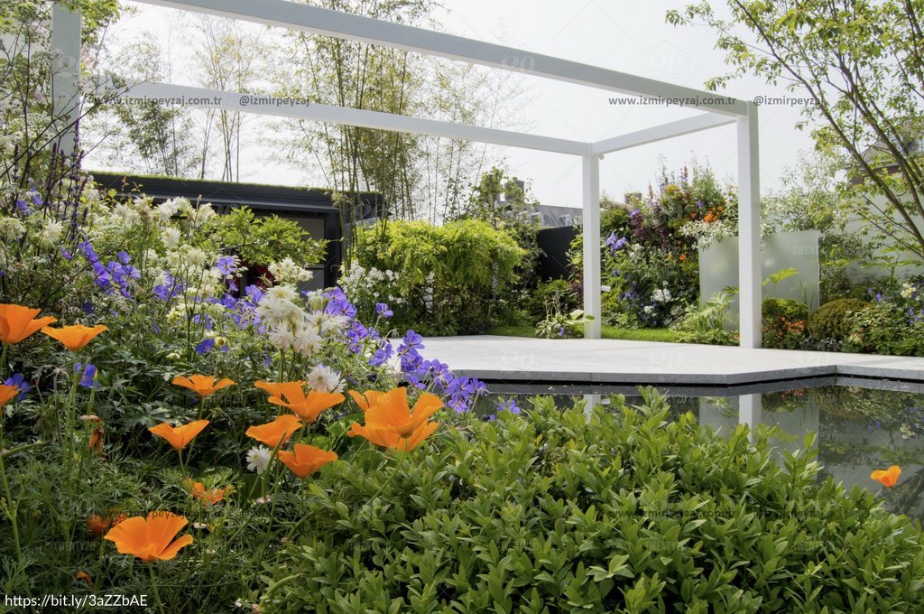 Bu görsel, modern bir bahçe tasarımını yansıtmaktadır. Çeşitli çiçekler, bitkiler ve su öğeleriyle zenginleştirilmiş bu peyzaj, huzurlu ve estetik bir