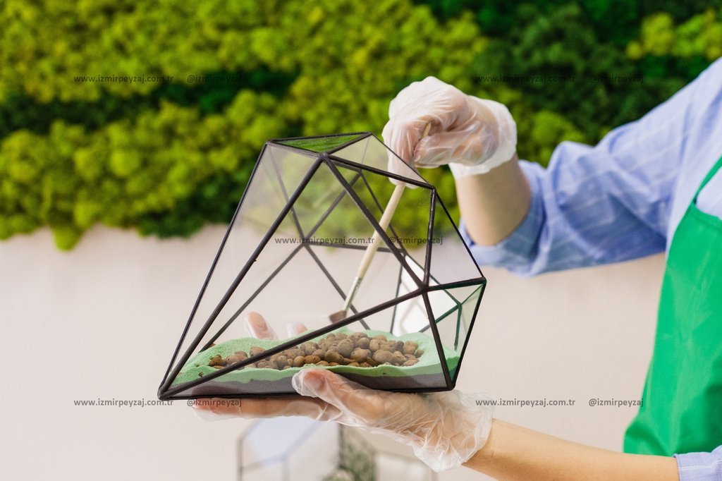 Bu resimde, bir terraryumun içinde toprak ve taşlar yerleştirilirken çekilmiş bir görüntü bulunmaktadır. Elinde eldiven olan bir kişi, özenle terraryu