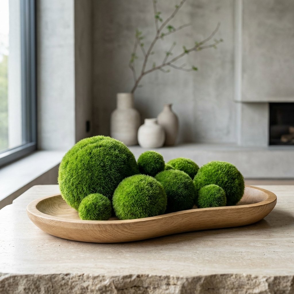 Ahşap tepsi üzerinde farklı boyutlarda yeşil top yosun düzenlemesi