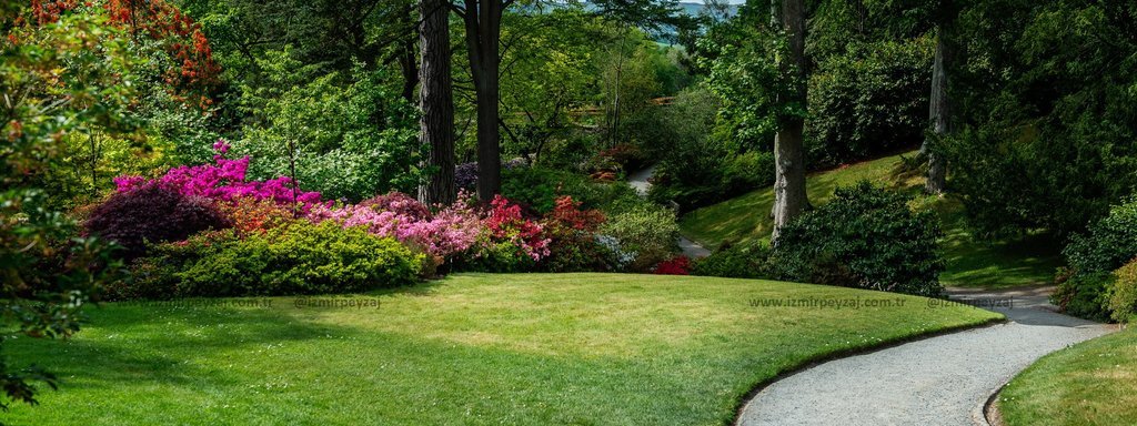 Yeşil bir bahçede rengarenk çiçekler ve ağaçlar arasında kıvrılan bir yol. Huzurlu ve doğal bir ortam.