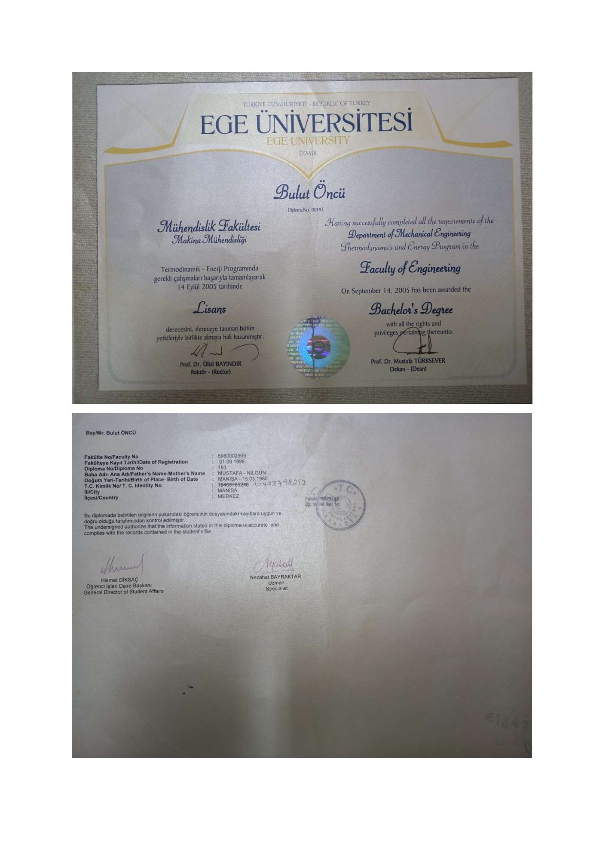 Lisans Diploması — Makina Mühendisliği sertifikası — Ege Üniversitesi