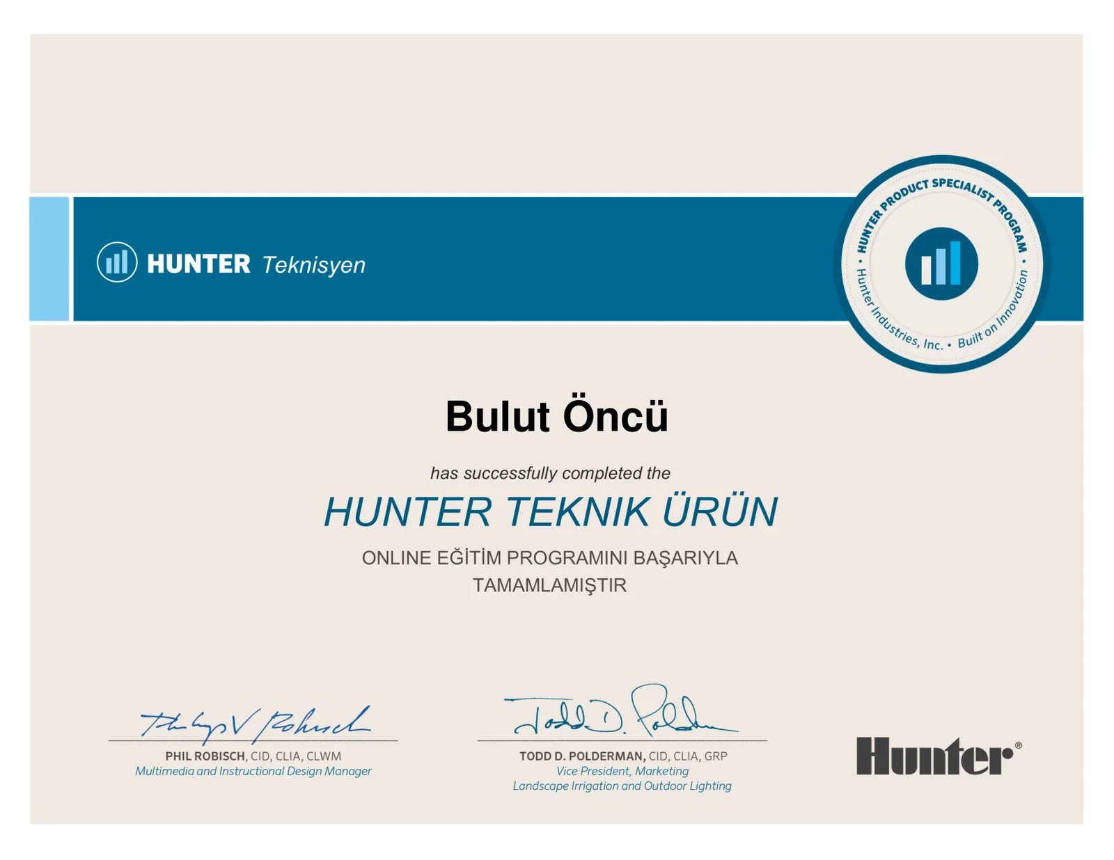 Hunter Product Specialist Program sertifikası