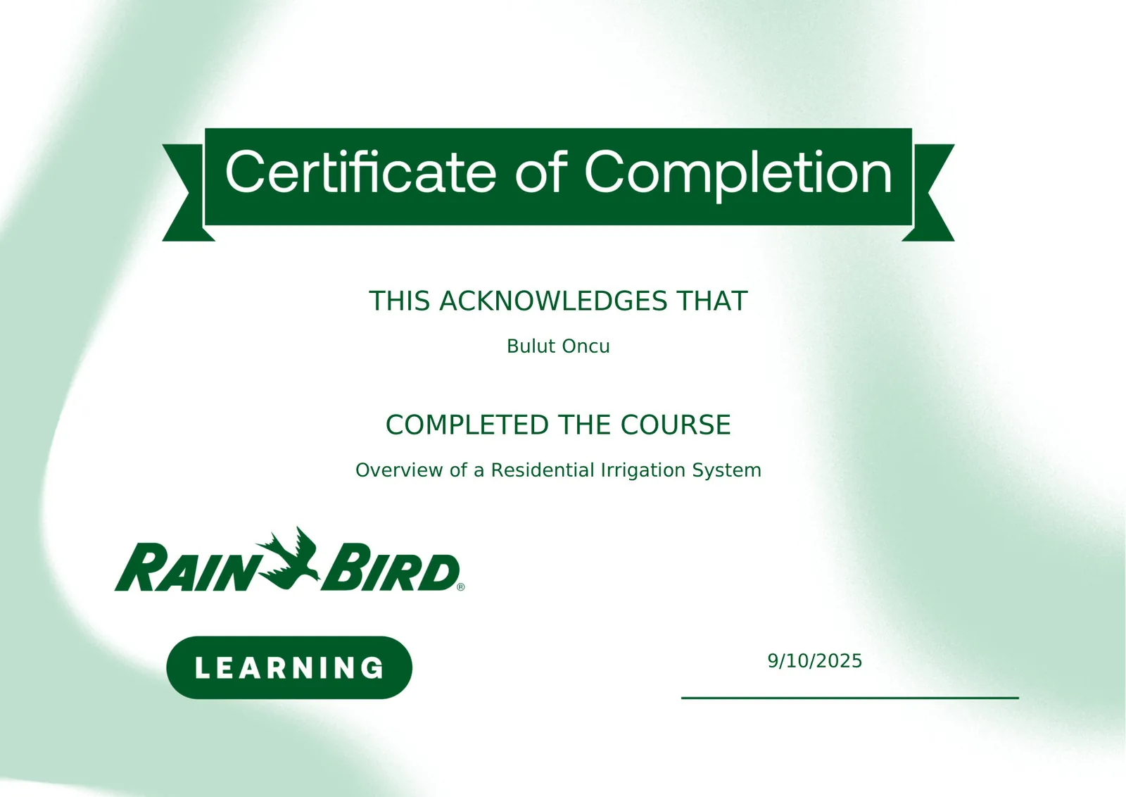 Rain Bird Irrigation Learning Course sertifikası