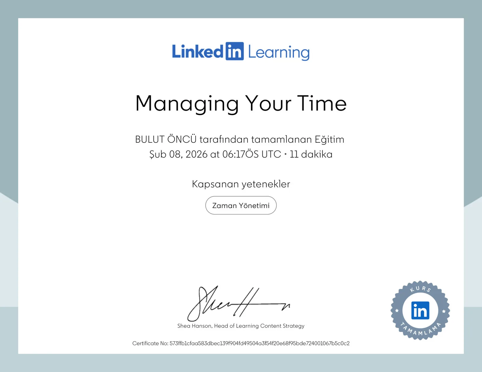 Managing Your Time sertifikası — LinkedIn Learning