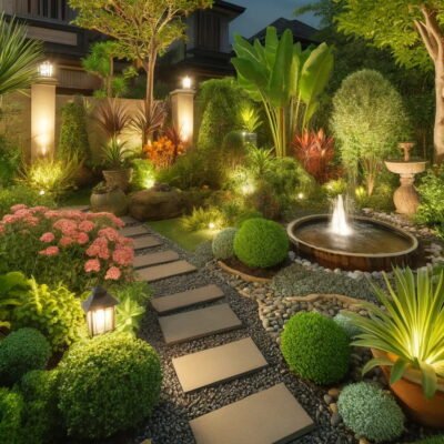 A medium-sized garden with a variety of plants, a decorative stone walkway, and ambient garden lighting. The garden includes a small water feature lik