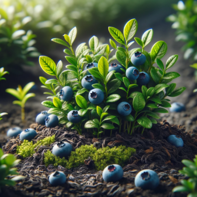 Blueberry plants thriving in acidic soil enriched with tea leaves, showcasing a garden scene with lush blueberry bushes. The image focuses on the heal